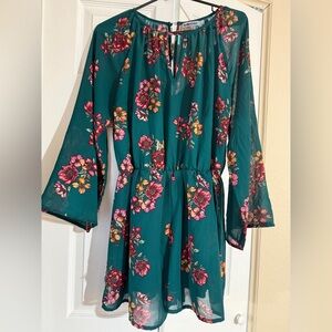 Bailey Blue Green Floral Long Sleeve Romper with Sheer Sleeves
